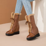 Winter New Outside Fashion Slim Height Increasing Platform Plush Inside Cross-tied Genuine Leather Women Mid-Calf Snow Boots