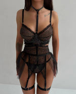 MIRABELLE Ruffle Sexy Lingerie sets for Women Lace Patchwork Fancy Underwear Bra Thong Garter Outfit Transparent Luxury Intimate