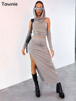 Tawnie Hooded Skirt Set Sexy Two Piece Set Long Skirt And Crop Top Backless Off Shoulder Split Summer Fashion Women Slim Vestido