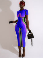 Akaily Summer Fashion Print Maxi Dresses For Women 2022 O Neck Short Sleeve Blue Club Bodycon Dress Blue Sexy Party Dress Female
