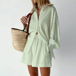 2023 New Beach Shirt Shorts Two-Piece Set Women Summer Casual Tracksuit Female Loose Long Sleeve Top Suit Lounge Wear Homewear
