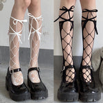 Jk Tie Lace Fishnet Stockings for Women Lolita Middle Tube Socks Sexy Straps Bandage Ribbon Japanese Over Knee Long Socks Party