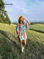 Spring Summer Dress 2023 New In Fashion Beach Style Sexy Dress V-neck Lace Up Print Loose Skirt Elegant Party Dresses for Women