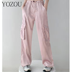 [YOZOU] Luxury Silk Gorpcore Solid Pink Drawstring Fluid Baggy Cargo Pants Women Black Beige Gray Streetwear Trousers Bottoms