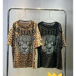 Summer Leopard Hot Diamond T-shirt Women Oversized Street Fashion Y2k Chic Pullovers Female Printed Short Sleeve Tops