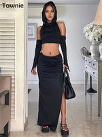 Tawnie Hooded Skirt Set Sexy Two Piece Set Long Skirt And Crop Top Backless Off Shoulder Split Summer Fashion Women Slim Vestido