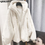 Imitation Lambwool Outwear Top White Coat Warm Furry Overcoat Casual Sobretudos Winter Hooded Faux Rabbit Fur Plush Women Jacket