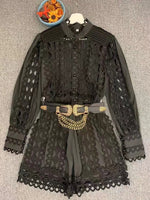 New fashion openwork stitching stand-up collar shirt+mini ladies shorts suit with heavy belt