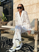 INS Fashion Lace Crochet Blazer Suit for Women Two 2 Piece Set Outfits Autumn Clothing Blazer Top and Pants Suit CHIC Woman Sets