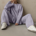 Winter Oversized Long Sleeve Women Knitted Tracksuits Wide Leg Pants Ladies Outfit Loungewear Streetwear Elegant Female 2 Piece