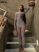 Kliou Mesh Striped Two Piece Set Women Sheath Body-Shaping High Street Sexy Hipster Long Sleeve O-Neck Female Streetwear Outfits