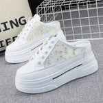 Baotou Semi-slippers Women's Summer New Outer Wear Embroidery Mesh Breathable Slip-on  Increase 8cm Sandals Sneakers