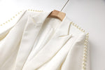 2023 New White Color Women Long Sleeve Pearl Beading Single Button Slim Office Lady Women's Set Celebrity Red Carpet Wear