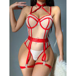 Ellolace Naked Open Crotch Bodysuit Sexy Lingerie Women Body Paychwork Tight Fitting Outfit Tulle Nude Lace Top With Garter
