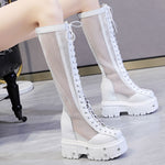 Summer New European America Style Height Increasing Platform Rivet Cut Out Mesh Genuine Leather Women Knee-High Long Boots 0704