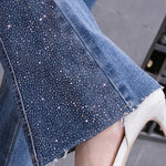 Rhinestone Flared Jeans For Women Soft Skinny Patchwork Boot-Cut Denim Trousers Mujer Fashion Stretch Pants Ladies 2023 Blue