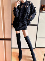 HIGH STREET Newest 2023 Designer Fashion Women Hollow Out Bow Fleece Long Sleeve Knit Pullover Sweater