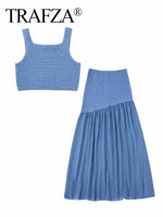TRAFZA Women Fashion Blue Knitted Skirts Suit Vest Top+ Vintage Elastic Waist Pleated Skirt Elegant Woman Chic Set Streetwear
