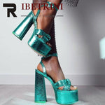 Gold Heels For Women Bow Knot Fashion Metalic Fashion Chunky Block Heel Sandals Ankle Strap Platform Sandals 2023 Summer New