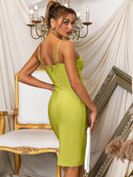 New Arrival Yellow Green Color Sexy V-Neck Spaghetti Strap Mini Dress Fashion‘s Sexy Woman Bandage Dress Evening Party Outfit