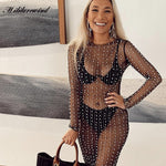 Fashion Sexy Hot Diamond Blouse Mesh Dress Perspective Pin Bead Sundress Wrap Hip Skinny Sheath Long Sleeve Beach Solid Dresses