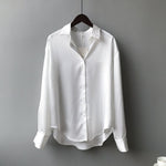Silk Korean Office Ladies Elegant Shirt Blouse Women Fashion Button Up Satin Shirt Vintage White Long Sleeve Shirts Tops 11355