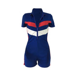 Summer Playsuits Bodycon Jumpsuit Shorts for Women Short Sleeve Turtleneck Zipper Fly Fitness Romper Striped Casual Bodysuits