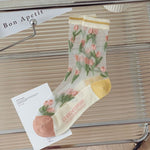 Ultra-thin Transparent Crystal Silk Socks Women Fashion Summer Harajuku Crew Socks Retro Flower Streetwear Elastic Long Socks