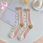 Ultra-thin Transparent Crystal Silk Socks Women Fashion Summer Harajuku Crew Socks Retro Flower Streetwear Elastic Long Socks