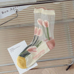 Ultra-thin Transparent Crystal Silk Socks Women Fashion Summer Harajuku Crew Socks Retro Flower Streetwear Elastic Long Socks