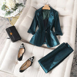 Women Satin Silk Blazers 2023 Autumn Solid Color Notched Collar Single Button Blazer Ladies OL Elegant Slim Glossy Suit Set