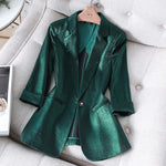 Women Satin Silk Blazers 2023 Autumn Solid Color Notched Collar Single Button Blazer Ladies OL Elegant Slim Glossy Suit Coat